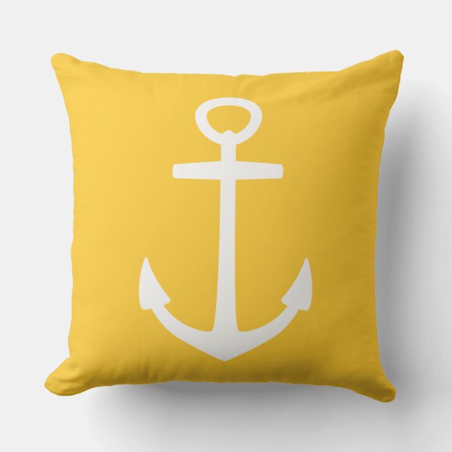 Large White Anchor on Sunset Yellow Throw Pillow (Front)