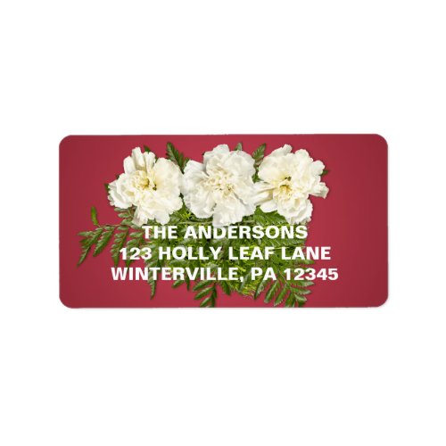 Large White Carnations Red Background Holiday Label