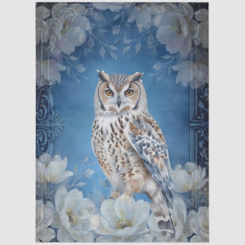 Large White Floral Barn Owl Decoupage Tissue Paper
