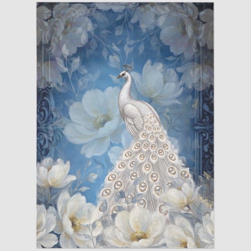 Large White Floral Peacock Decoupage Tissue Paper