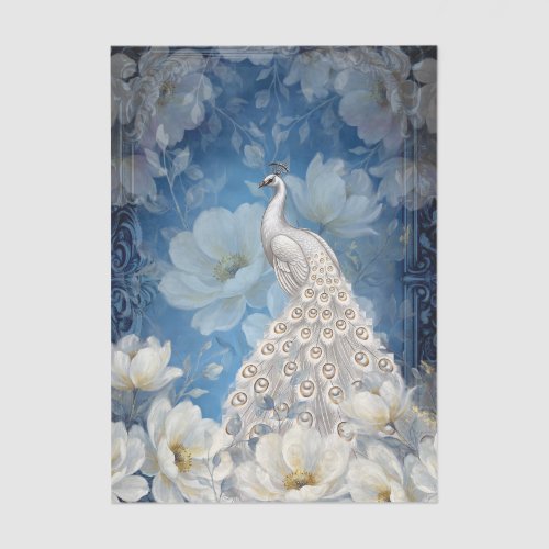 Large White Floral Peacock Decoupage Tissue Paper