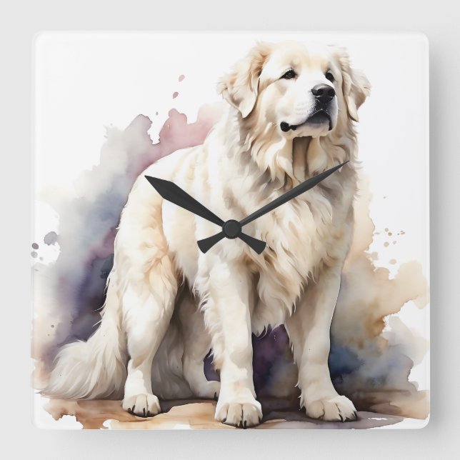LARGE WHITE FLUFFY GREAT PYRENEES DOG SQUARE WALL CLOCK (Front)