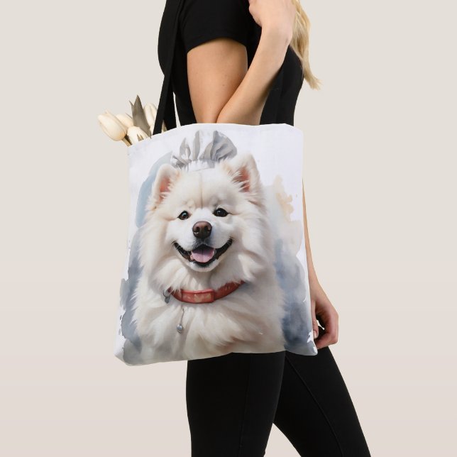 LARGE WHITE FLUFFY SAMOYED DOG TOTE BAG (Close Up)