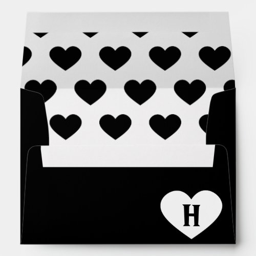 Large White Heart Monogram  Black Background Envelope