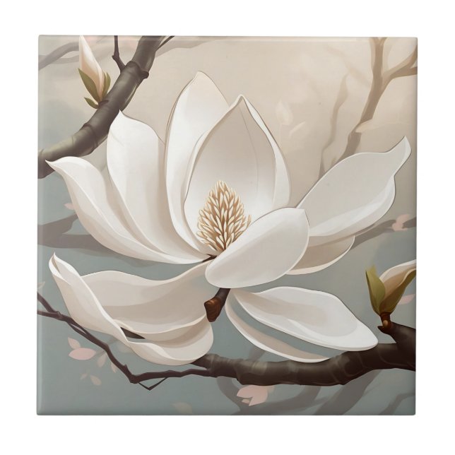 Large White Magnolia Flower Ceramic Tile (Front)