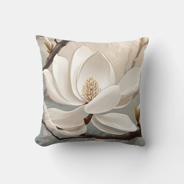 Large White Magnolia Flower Throw Pillow (Front)