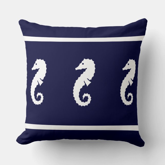 Large white on navy  SEA HORSE   coastal living Throw Pillow (Front)
