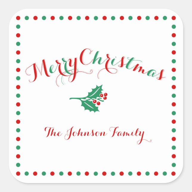 Large White Red Green Square Christmas Stickers (Front)