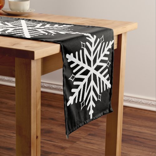 Large White Simple Snowflakes on Black Background Short Table Runner