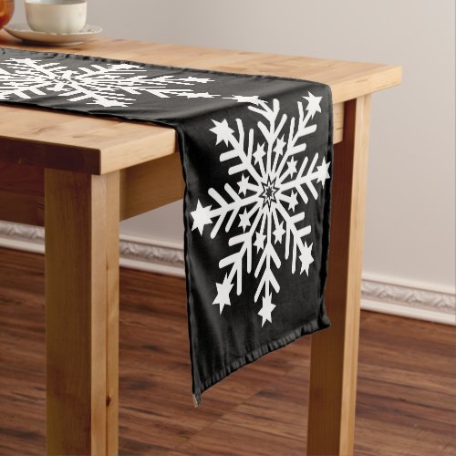 Large White Star Snowflakes on Black Background Short Table Runner