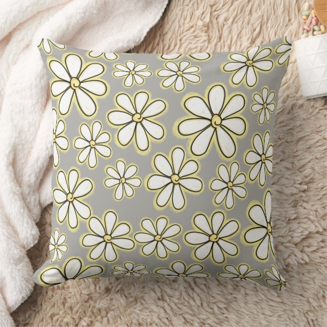 Large White Yellow Daisy Flowers On Gray Pattern Throw Pillow (Blanket)