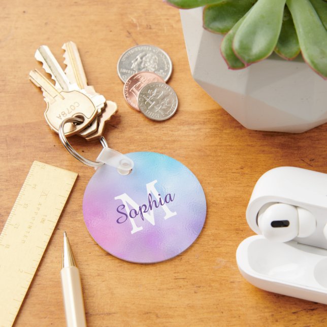 Large Wht Monogram & Purple Script Name Iridescent Keychain (Desk)