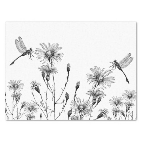 LARGE Wildflower Dragonfly Decoupage Black White Tissue Paper