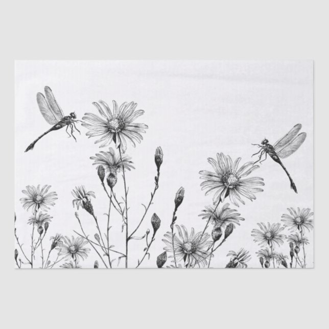 LARGE Wildflower Dragonfly Decoupage Black White Tissue Paper (Front)