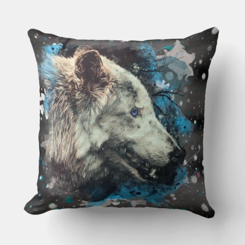   Large Wolf Totem Blue Abstract Polyester Boho Throw Pillow