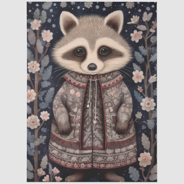 Large Woodland Forest Raccoon Floral Decoupage  Tissue Paper (Front)