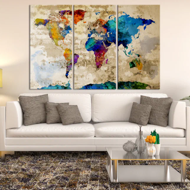 Large World Map 3 Panel Giclee Stretched Canvas | Zazzle