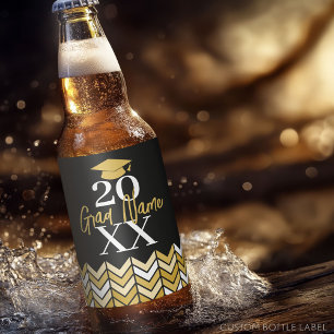 Large Year - Name and Cap - Black Gold Graduation Beer Bottle Label