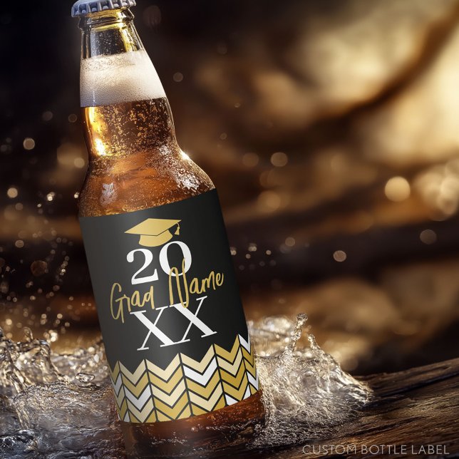 Large Year - Name and Cap - Black Gold Graduation Beer Bottle Label (Custom Beer Bottle Label with a Graduation Design)