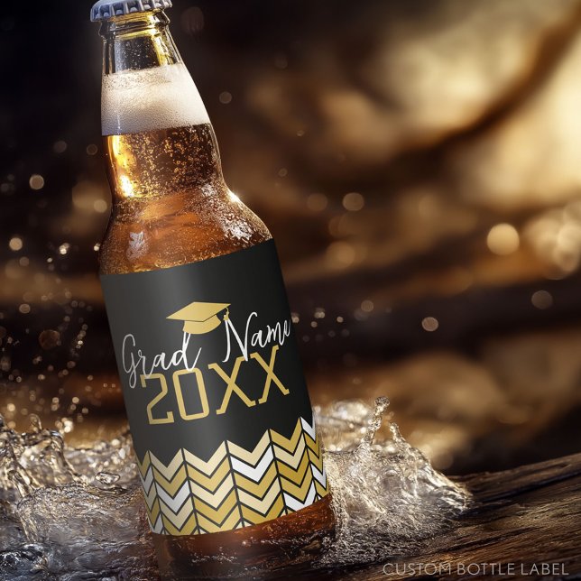 Large Year - Name and Cap - Black Gold Graduation Beer Bottle Label (Custom Beer Bottle Label with a Graduation Design)