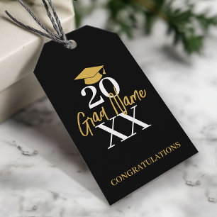 Large Year - Name and Cap - Black Gold Graduation Gift Tags