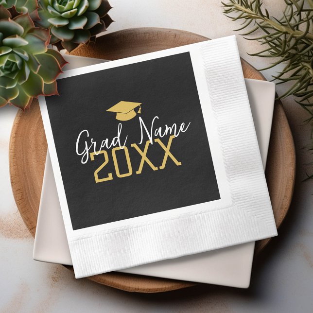 Large Year - Name and Cap - Black Gold Graduation Napkins (Custom Graduation Party Napkin - Modern Black and Gold Design with Grad's Name)