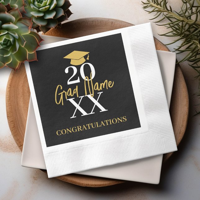 Large Year - Name and Cap - Black Gold Graduation Napkins (Custom Graduation Party Napkin - Modern Black and Gold Design with Grad's Name)