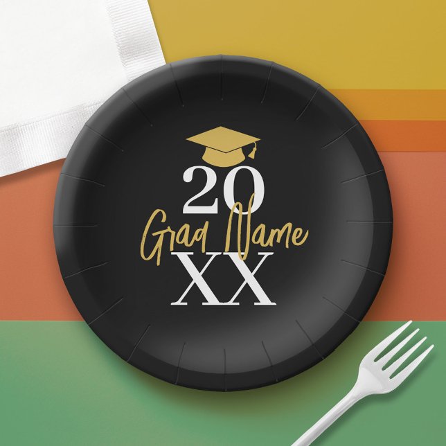 Large Year - Name and Cap - Black Gold Graduation Paper Plates (Custom Graduation Paper Plate)