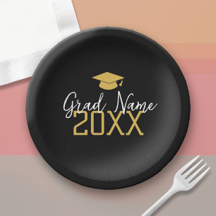 Large Year - Name and Cap - Black Gold Graduation Paper Plates