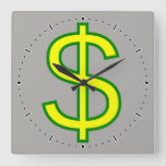 [ Thumbnail: Large Yellow and Green Dollar Sign ($) Square Wall Clock ]