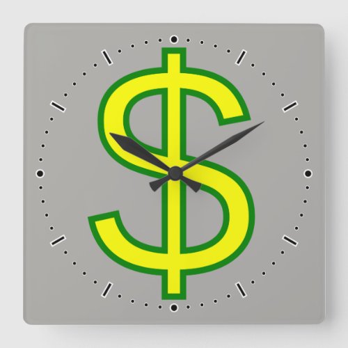 Large Yellow and Green Dollar Sign  Square Wall Clock