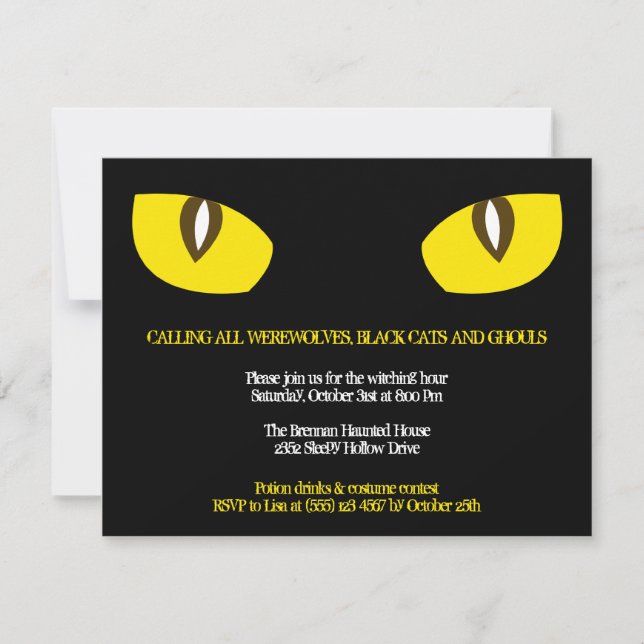 Large yellow cat eyes stare black Halloween party Invitation (Front)