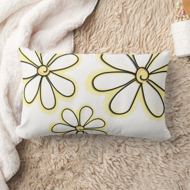 Large Yellow Daisy Flowers On White Pattern Lumbar Pillow (Blanket)
