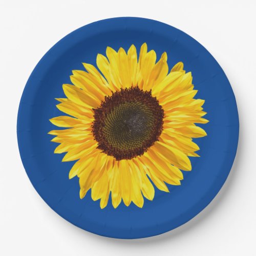 Large Yellow Sunflower on Blue Background Paper Plates