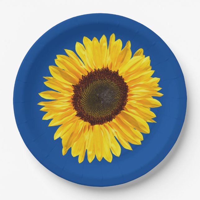 Large Yellow Sunflower on Blue Background Paper Plates (Front)