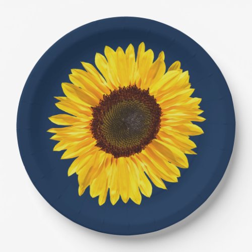 Large Yellow Sunflower on Navy Blue Background Pap Paper Plates