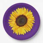 Large Yellow Sunflower on Purple Background Paper Plates