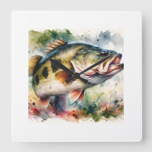 Largemouth Bass AREF1601 1 _ Watercolor Square Wall Clock