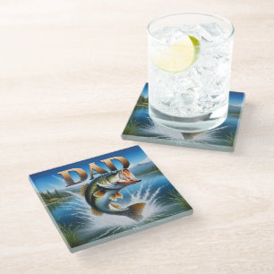 Largemouth Bass Dad Fishing Rustic Glass Coaster