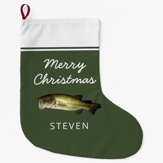 Largemouth Bass Fish Merry Christmas Personalized  Large Christmas Stocking (Front)