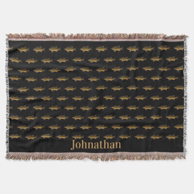 Largemouth Bass Fish Pattern Black Throw Blanket (Front)