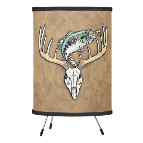 Largemouth Bass jumping over Antlers Deer Skull Tripod Lamp