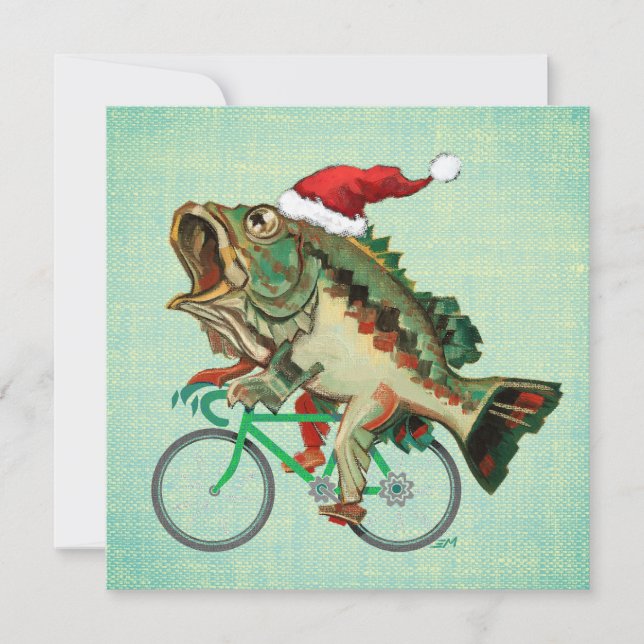 Largemouth Bass Riding a Bicycle With Santa Hat Holiday Card (Front)