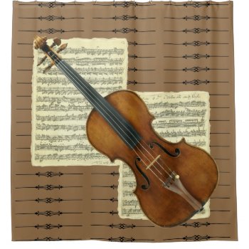 Larger Than Life-sized Violin On Bach Music Pages Shower Curtain by missprinteditions at Zazzle