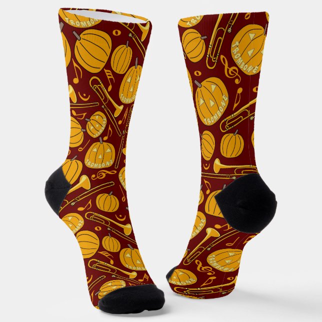 Larger Trombones Halloween Pumpkin Pattern Socks (Angled)