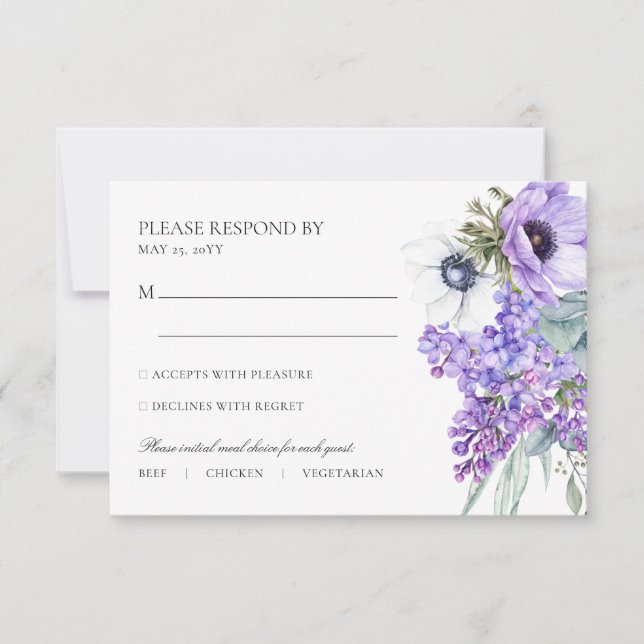 Larissa Purple Floral Meal Choice Wedding RSVP Card (Front)