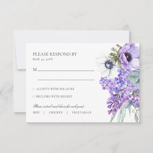 Larissa Purple Floral Meal Choice Wedding RSVP Card
