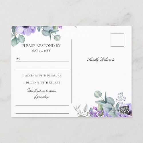 Larissa Purple Floral Song Request Wedding RSVP Postcard