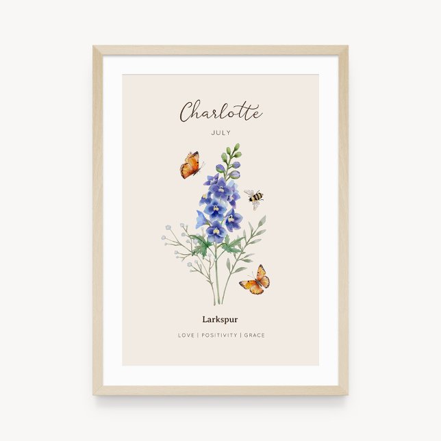 Larkspur Birth Month Flower Poster (Example of larkspur birth flower poster once framed. )