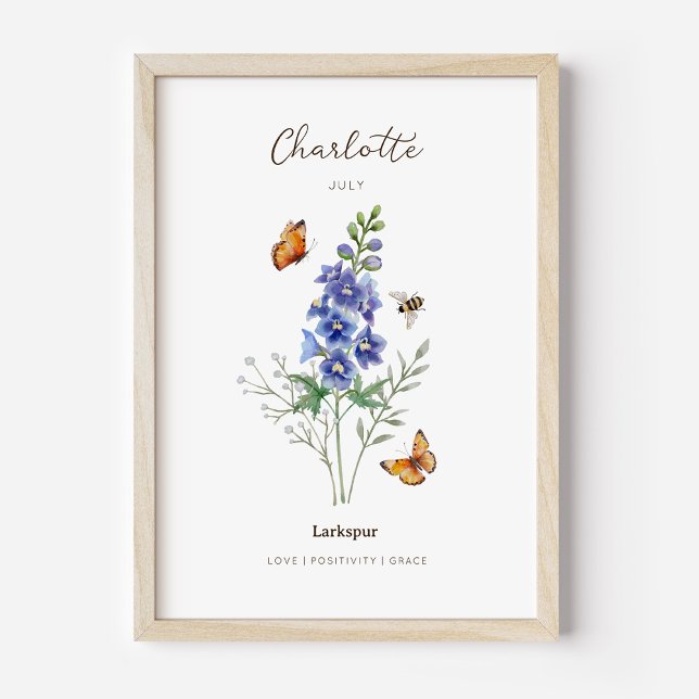 Larkspur Birth Month Flower Poster (Example of larkspur birth flower poster once framed. )